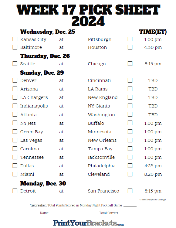 Printable NFL Schedule Pick Em Sheets Week 17