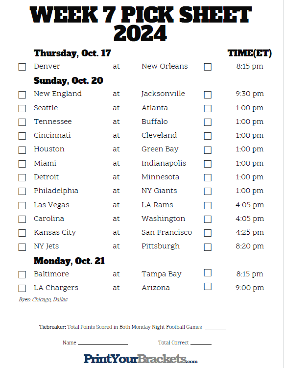 Printable Week 7 NFL Schedule Pick Em Sheets