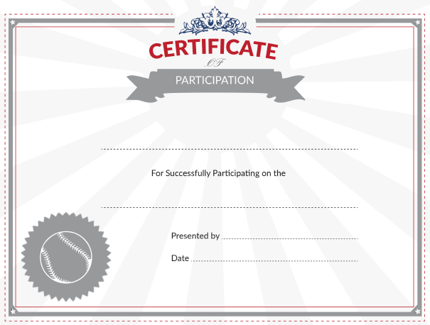 Baseball Certificate of Participation Award Template in Gray