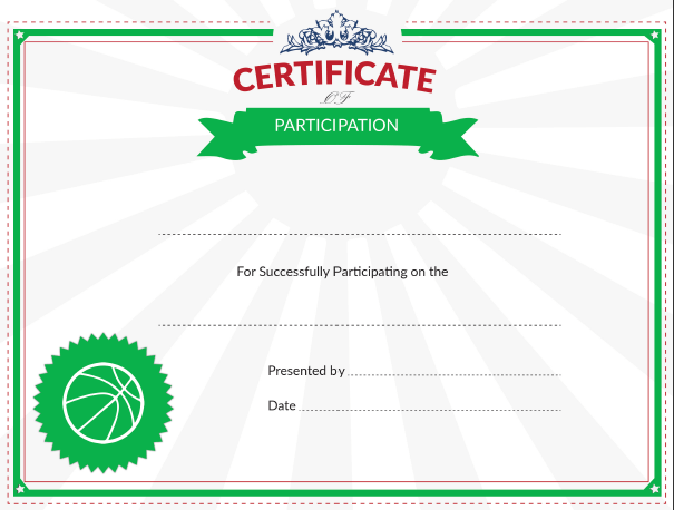Certificate of Participation Award for Youth Basketball