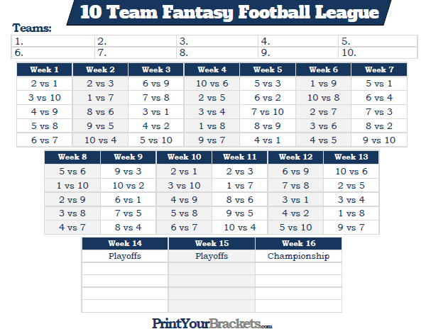 Printable 10 Team Fantasy Football League Schedule