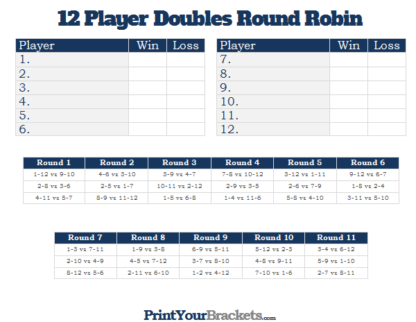 Printable 12 Player Doubles Round Robin Tournament Chart