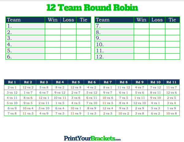 12 Player Round Robin Tournament Schedule with Column for Ties