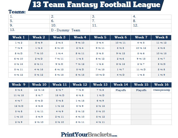 Printable 13 Team Fantasy Football League Schedule