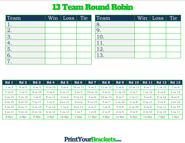 13 Player Round Robin Tournament Schedule with Column for Ties