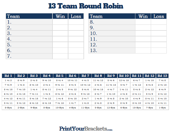 Printable 13 Team round robin tournament bracket