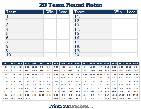 Printable 20 Team Round Robin Tournament