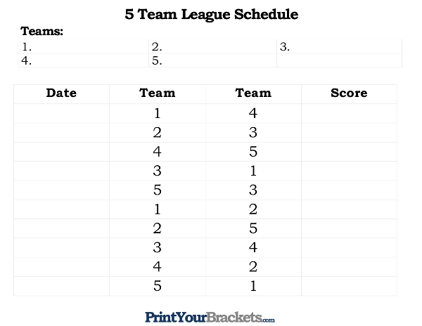 Printable 5 Team and Player League Schedule