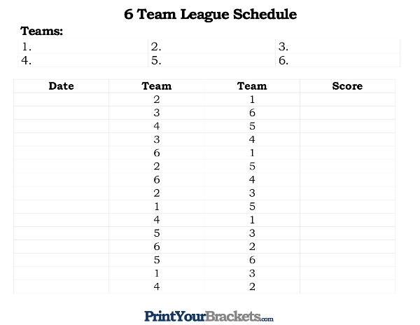 Printable 6 Team and Player League Schedule