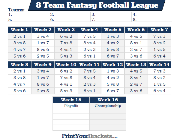 Printable 8 Team Fantasy Football League Schedule