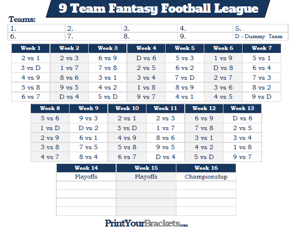 Printable 9 Team Fantasy Football League Schedule