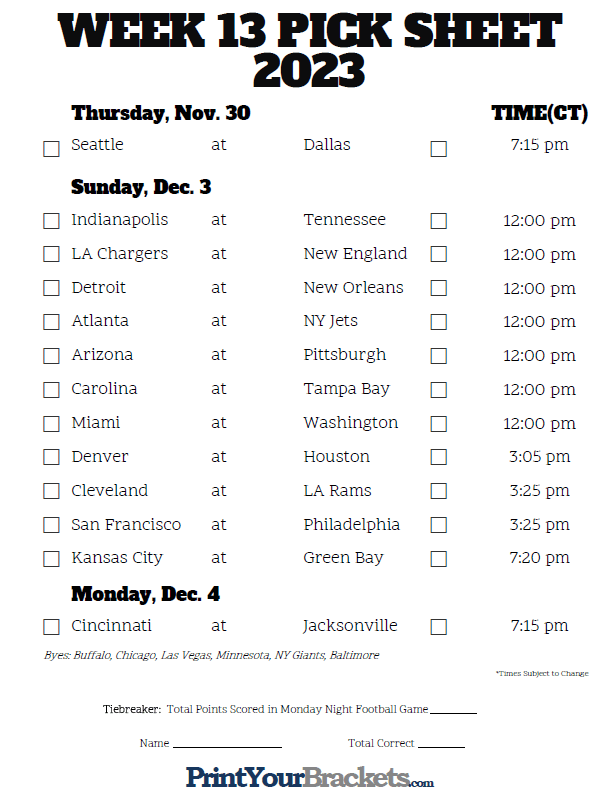 Week 13 NFL Schedule in Central Time Zone