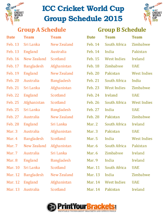 Printable ICC Cricket World Cup Group Schedule 2015