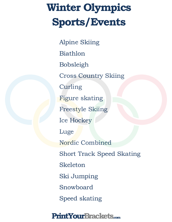 Printable List of Winter Olympics Sports and Events
