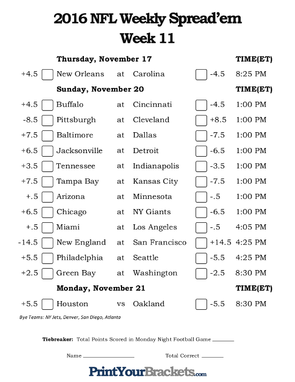 NFL Week 11 Pick 'em Against the Spread Sheets Printable
