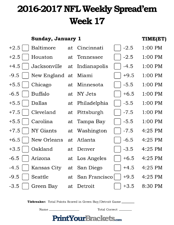 NFL Week 17 Pick 'em Against the Spread Sheets Printable