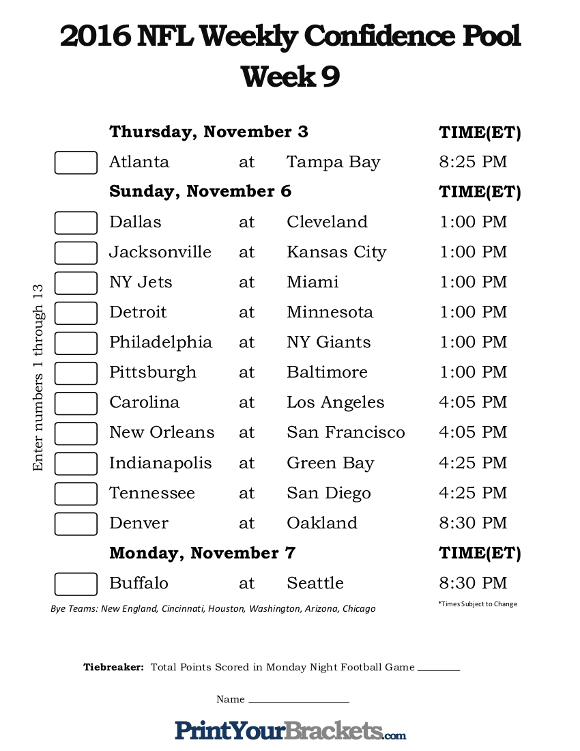 Printable NFL Week 9 Confidence Pool