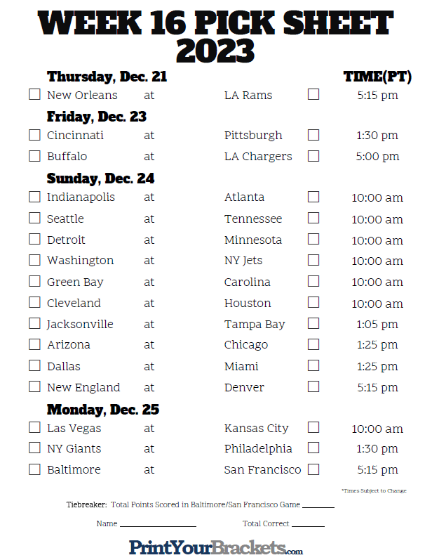 Week 16 NFL Schedule in Pacific Time Zone