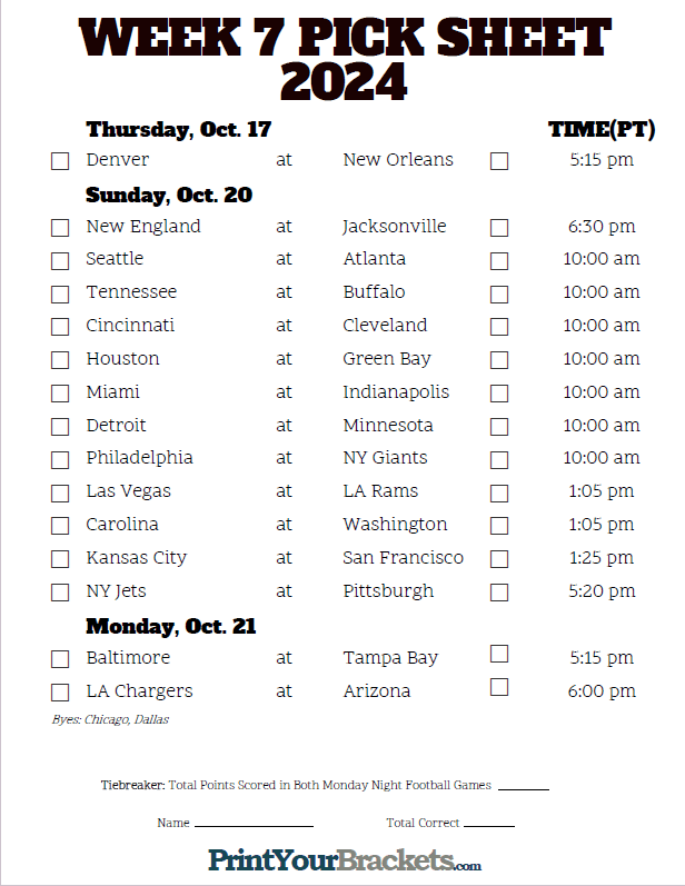 Week 7 NFL Schedule in Pacific Time Zone