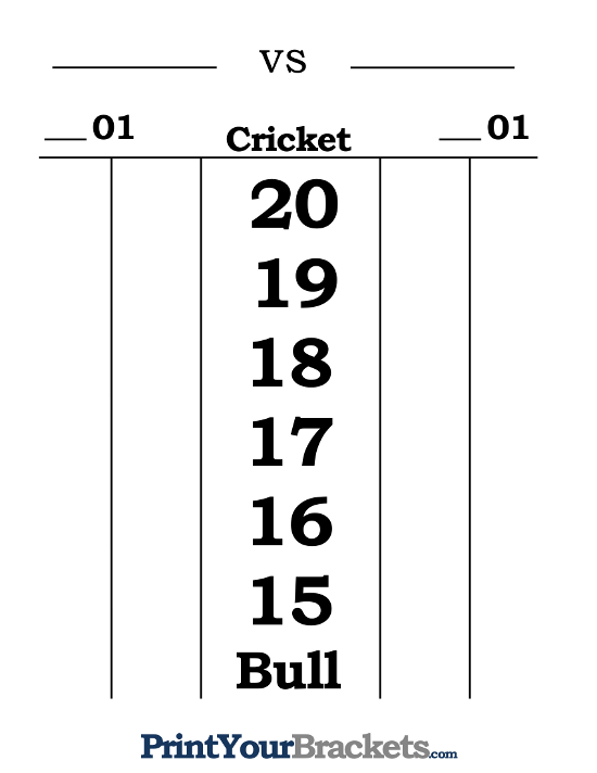 Printable Dart Scorecard for Cricket and 01