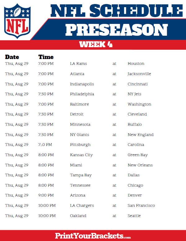Printable 2018 NFL Preseason Schedule