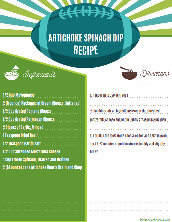 Printable Artichoke Spinach Dip Recipe for Super Bowl
