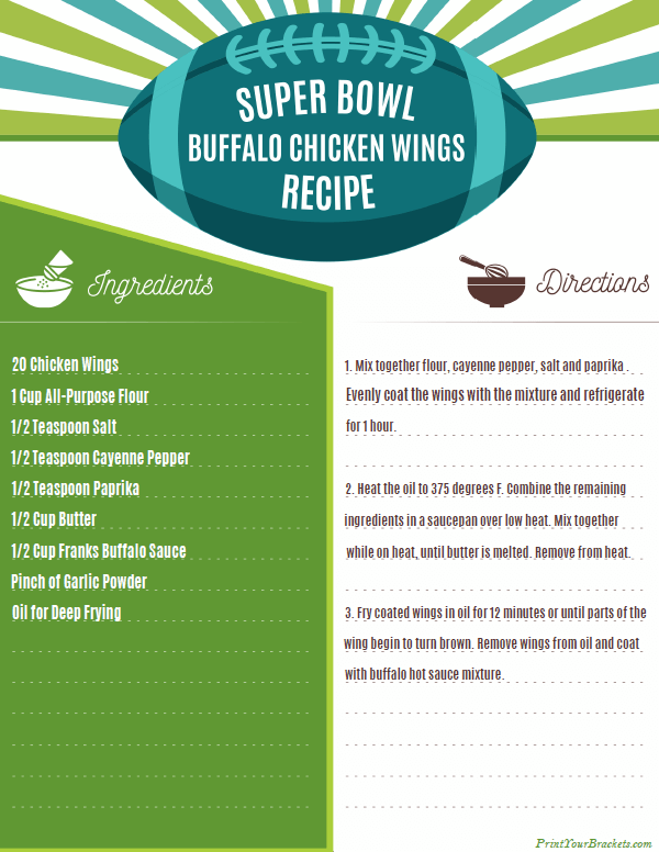Printable Buffalo Chicken Wings Recipe for Super Bowl