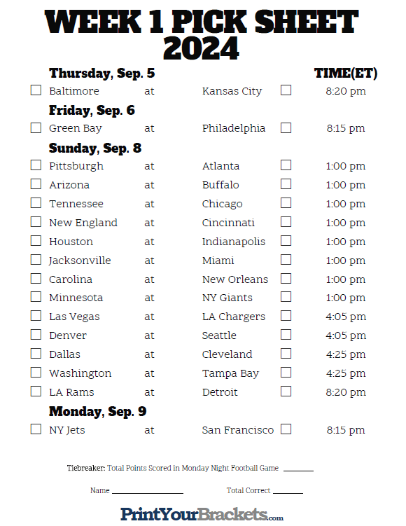 Printable Week 1 NFL Schedule Pick Em Sheets