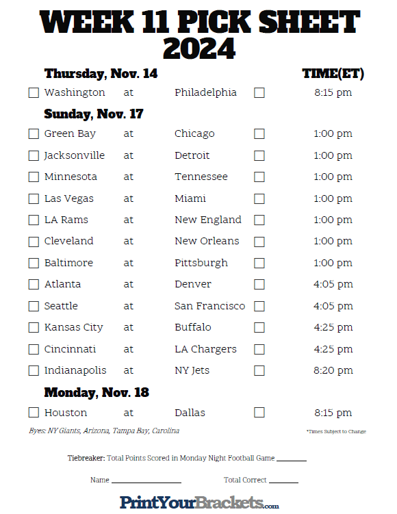 Printable Week 11 NFL Schedule Pick Em Sheets