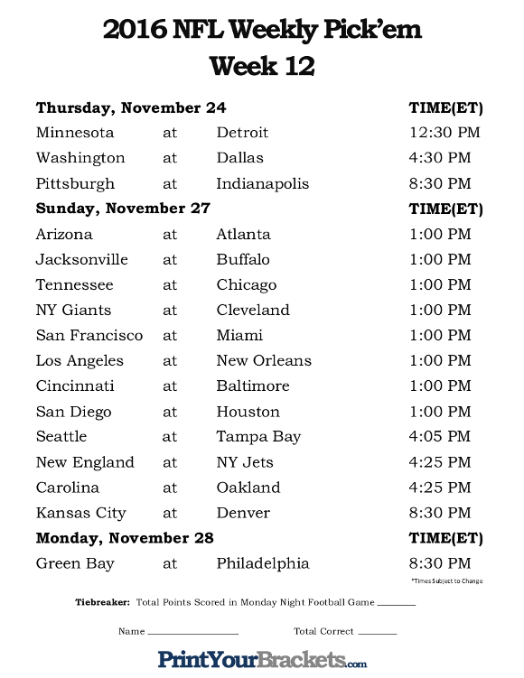 Printable NFL Week 12 Schedule Pick em Office Pool 2016