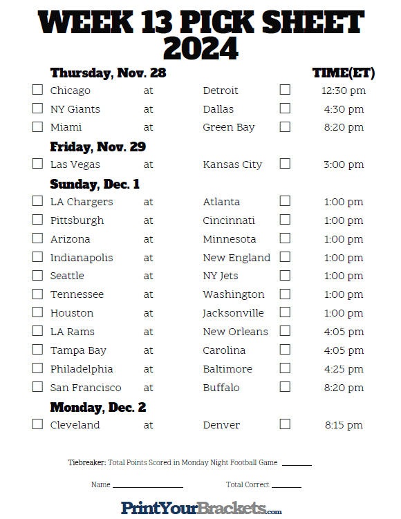 Printable Week 13 NFL Schedule Pick Em Sheets