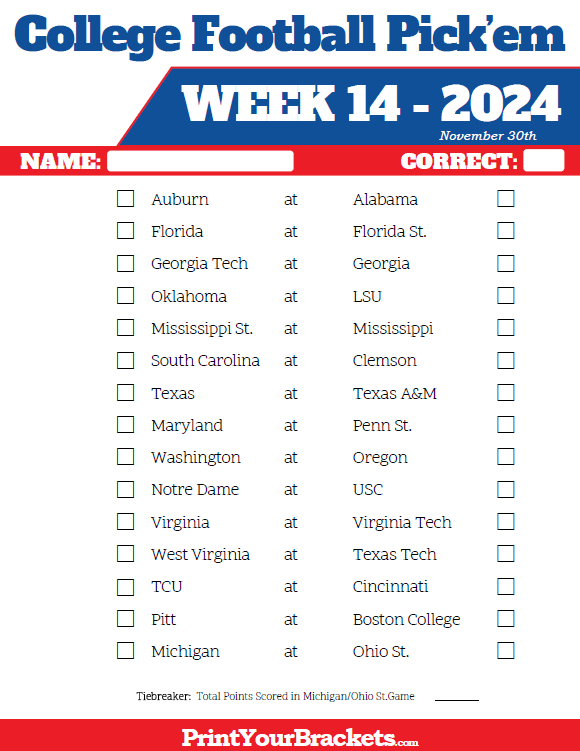 Printable College Football Week 14 Pick 'em Sheets
