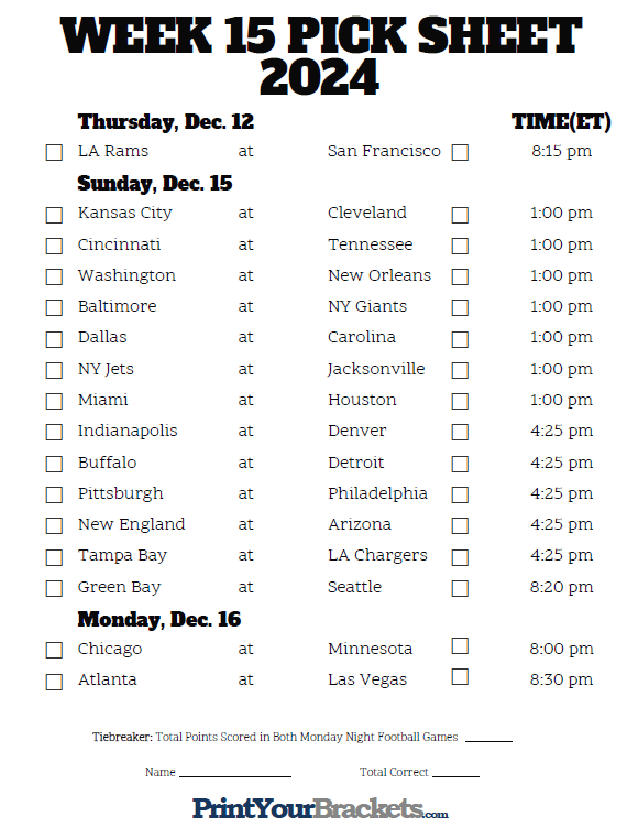 Printable Week 15 NFL Schedule Pick Em Sheets