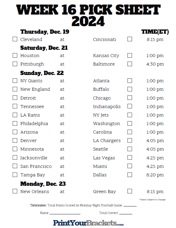 Printable Week 16 NFL Schedule Pick Em Sheets