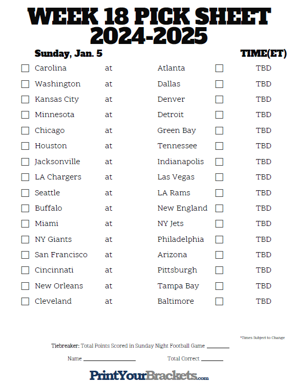 Printable NFL Schedule Pick Em Sheets Week 18
