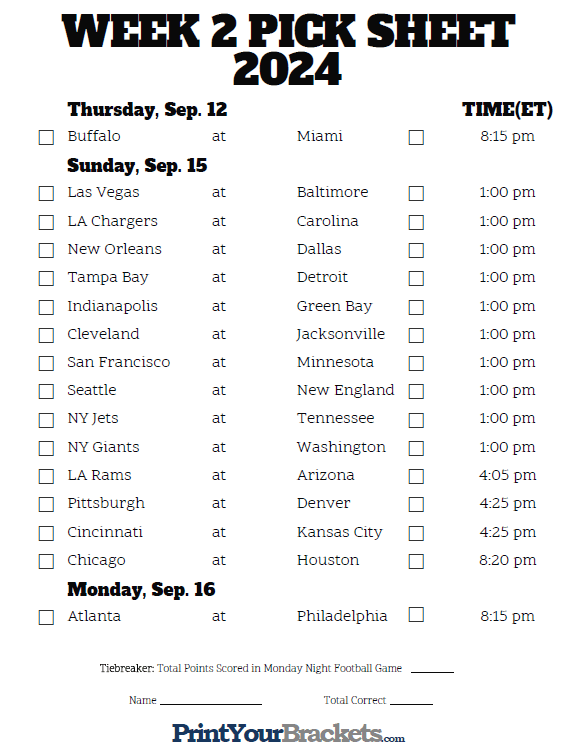 Printable Week 2 NFL Schedule Pick Em Sheets