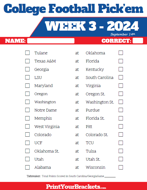 Printable College Football Week 3 Pick 'em Sheets