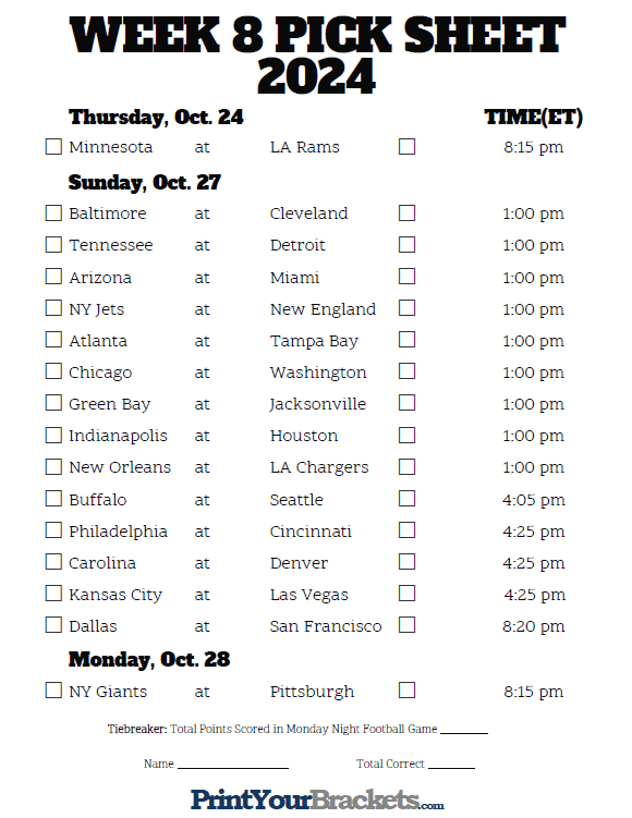Printable Week 8 NFL Schedule Pick Em Sheets