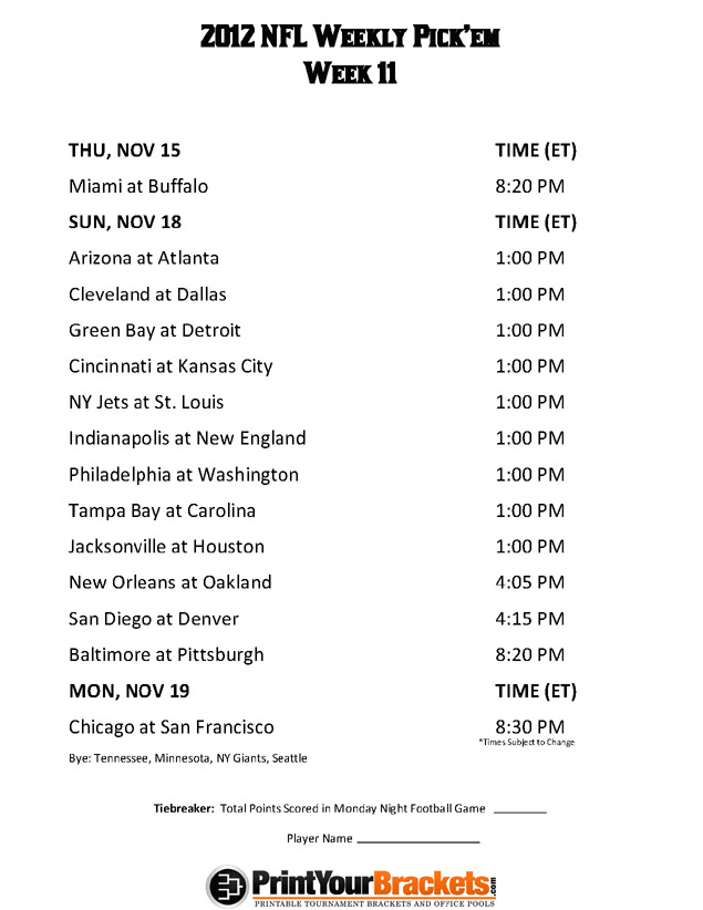 Printable Week 11 Office Pool Weekly Schedule Pick Em