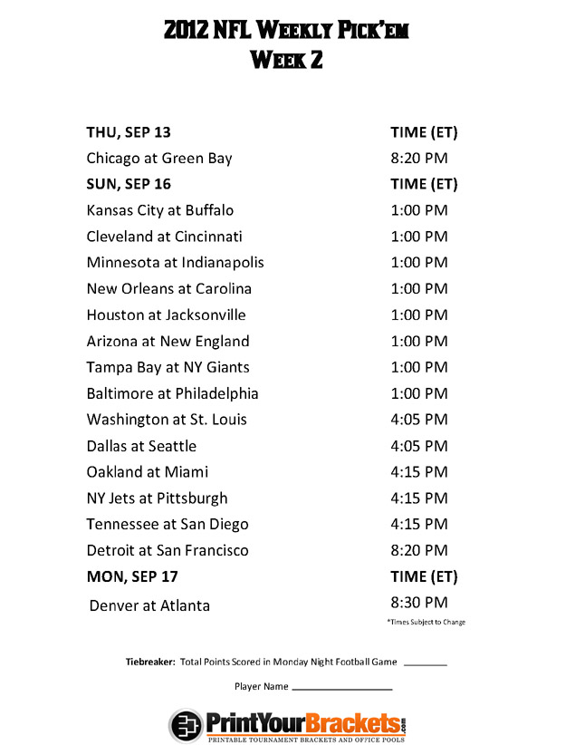 Printable NFL Week 2 Schedule Office Pool Pickem