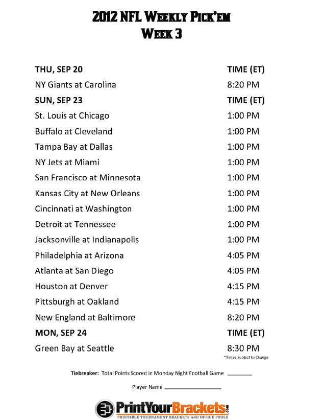 Printable NFL Week 3 Schedule office pool