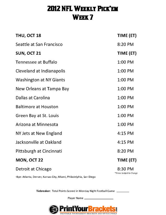Printable NFL Week 7 Schedule Office Pool