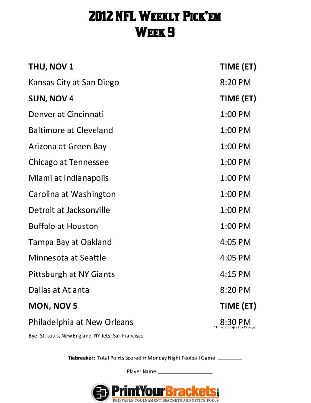 Printable Week 9 NFL Weekly Schedule Office Pool Pick em