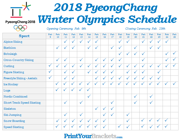 Printable Winter Olympics Schedule PyeongChang 2018