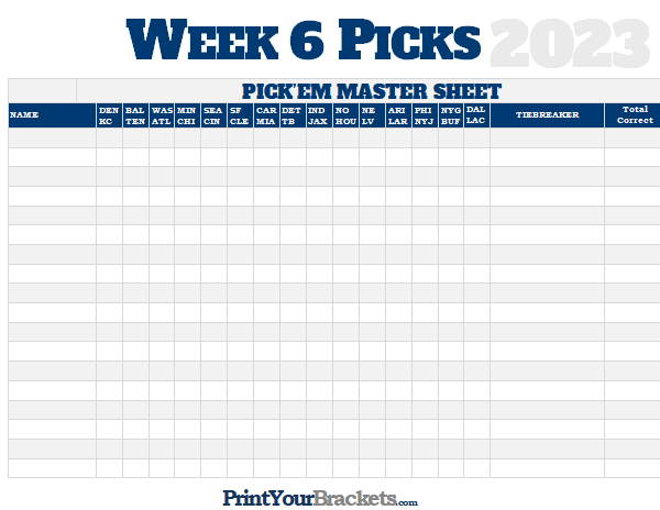 NFL Week 6 Picks Master Sheet