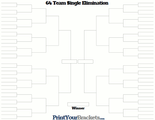 64 Team Single Elimination Printable Tournament Bracket