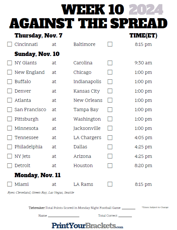 Printable NFL Week 10 Against the Spread Pick 'em Sheets