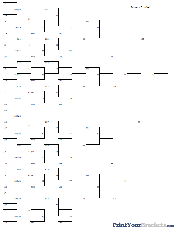 Printable 43 Team - 3 Game Guarantee Losers Bracket