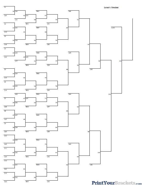 Printable 45 Team - 3 Game Guarantee Losers Bracket