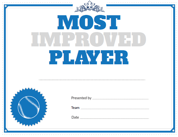 Printable Baseball Most Improved Player Award